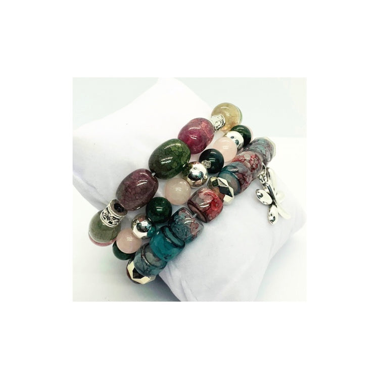 Pink and Green Glass Bead Bracelet Set with Dragonfly Charm