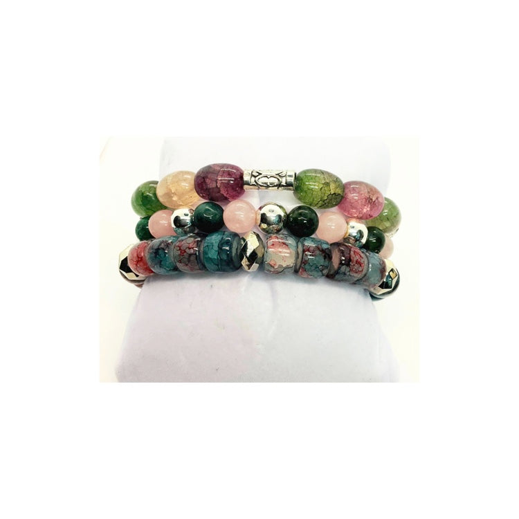 Pink and Green Glass Bead Bracelet Set with Dragonfly Charm
