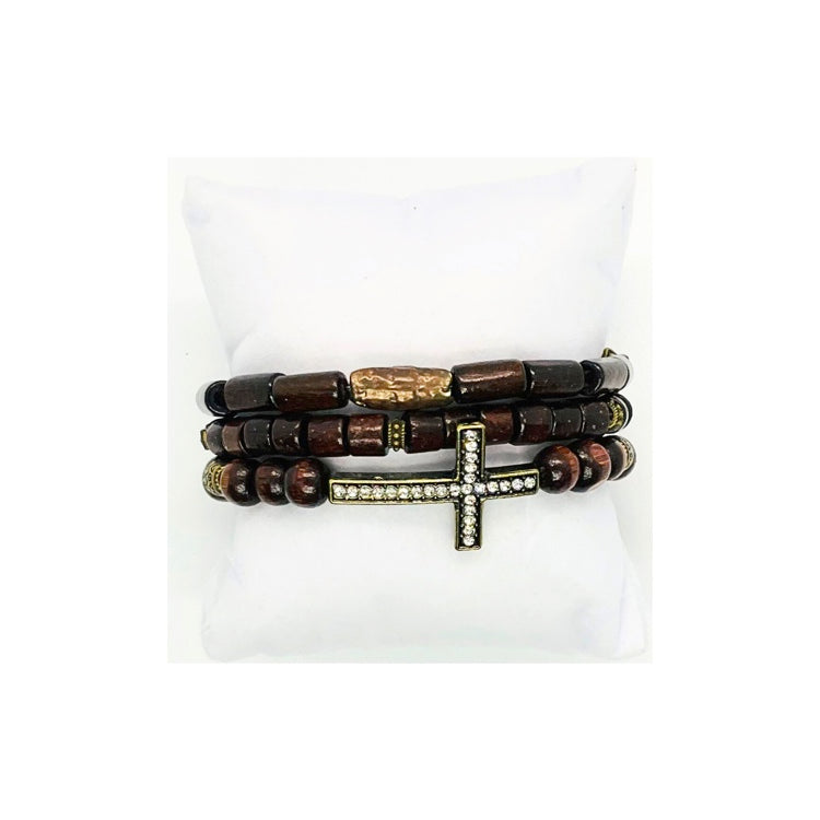 Chocolate Brown Wood Beaded Bracelet Set with Bronze Rhinestone Cross