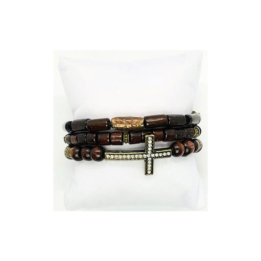 Chocolate Brown Wood Beaded Bracelet Set with Bronze Rhinestone Cross