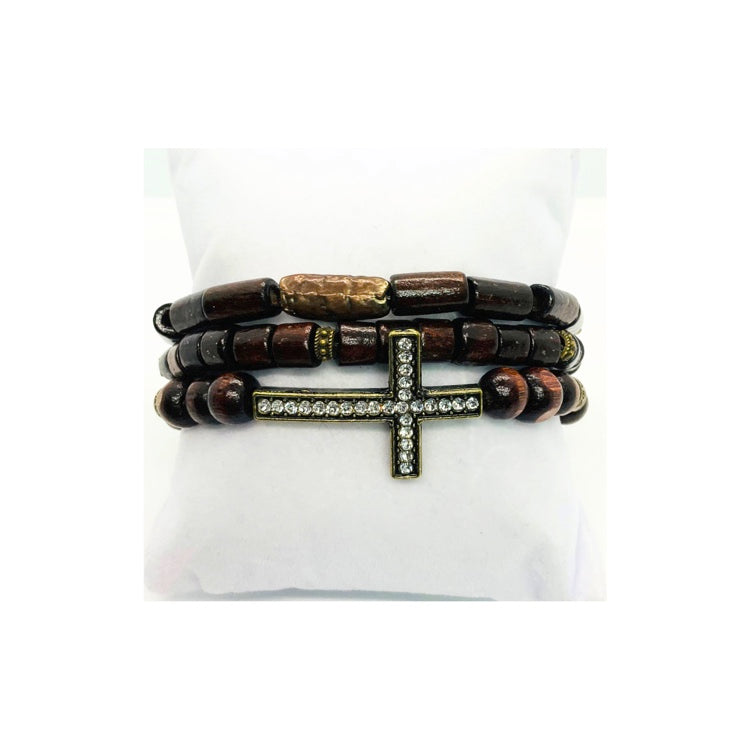 Chocolate Brown Wood Beaded Bracelet Set with Bronze Rhinestone Cross