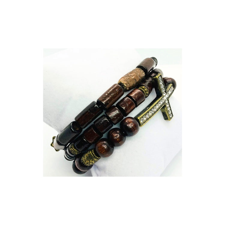 Chocolate Brown Wood Beaded Bracelet Set with Bronze Rhinestone Cross