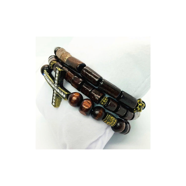 Chocolate Brown Wood Beaded Bracelet Set with Bronze Rhinestone Cross