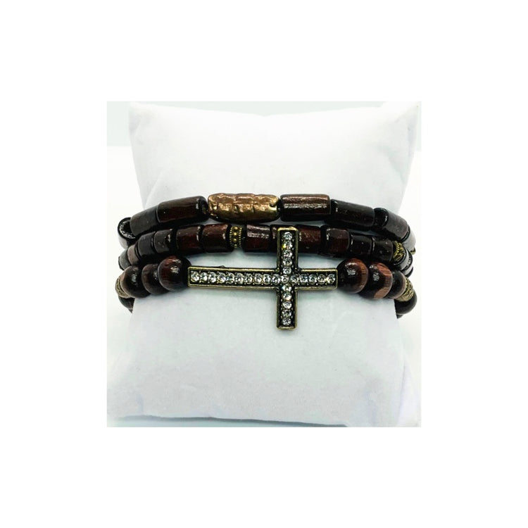 Chocolate Brown Wood Beaded Bracelet Set with Bronze Rhinestone Cross