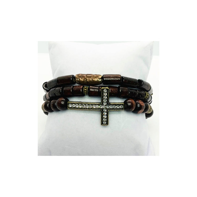 Chocolate Brown Wood Beaded Bracelet Set with Bronze Rhinestone Cross