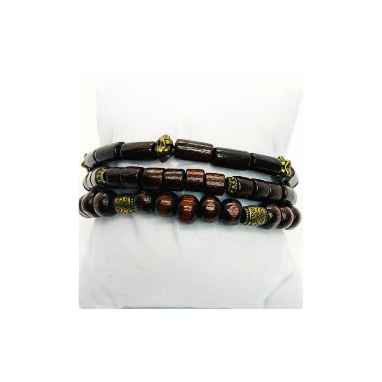 Chocolate Brown Wood Beaded Bracelet Set with Bronze Rhinestone Cross