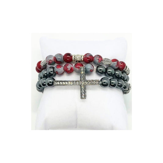 Navajo Black Bead Bracelet Set with Rhinestone Cross