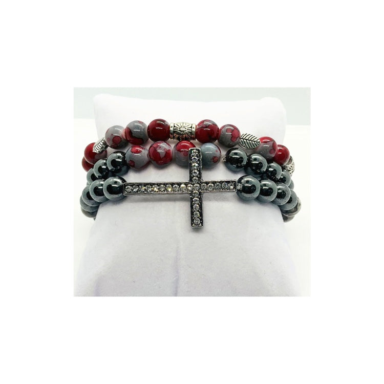 Navajo Black Bead Bracelet Set with Rhinestone Cross