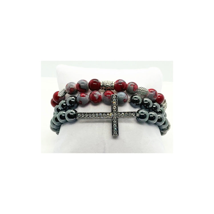 Navajo Black Bead Bracelet Set with Rhinestone Cross