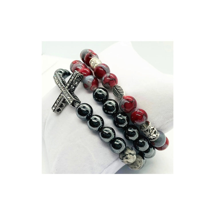 Navajo Black Bead Bracelet Set with Rhinestone Cross