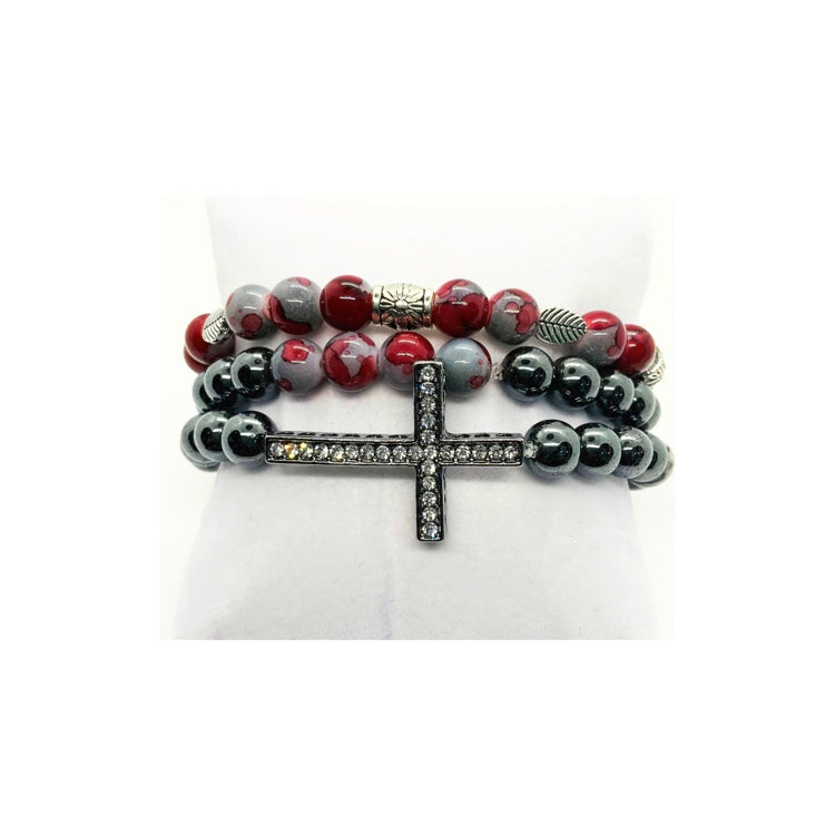 Navajo Black Bead Bracelet Set with Rhinestone Cross