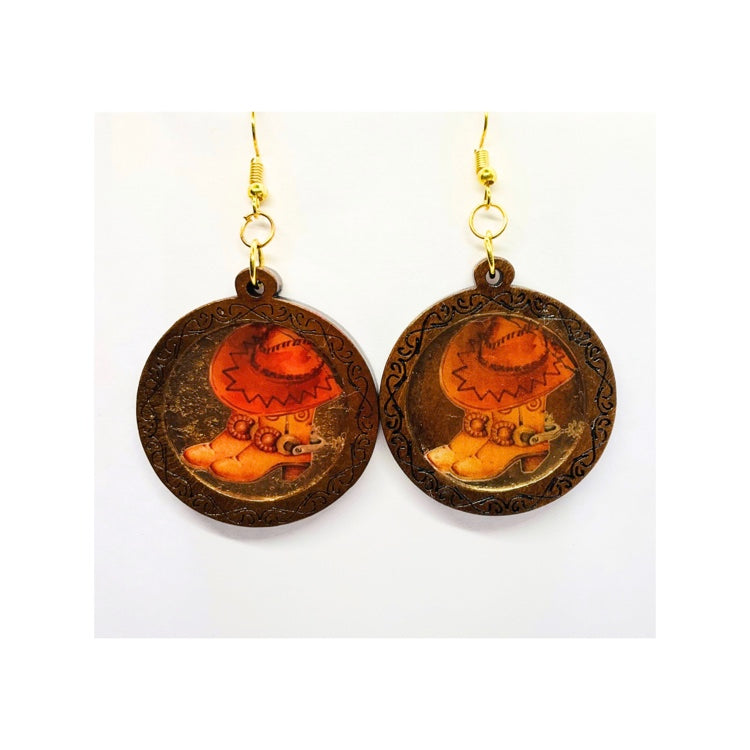 Dark Wood Dangle Earrings with Cowgirl Boot and Hat