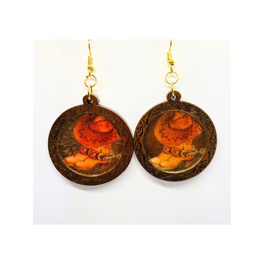 Dark Wood Dangle Earrings with Cowgirl Boot and Hat