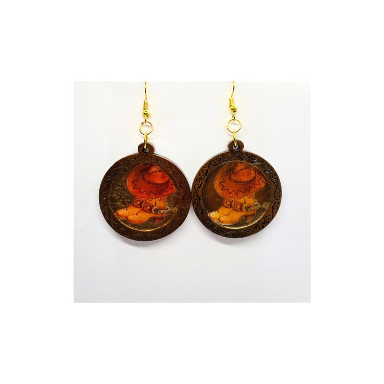 Dark Wood Dangle Earrings with Cowgirl Boot and Hat