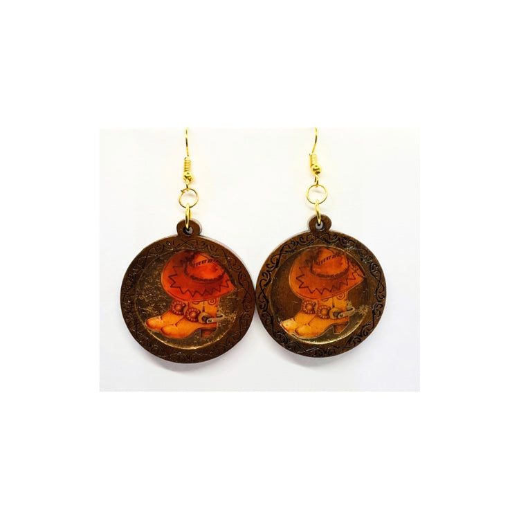 Dark Wood Dangle Earrings with Cowgirl Boot and Hat