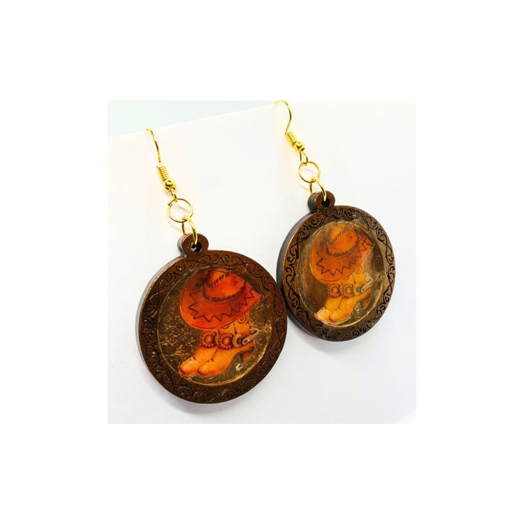 Dark Wood Dangle Earrings with Cowgirl Boot and Hat