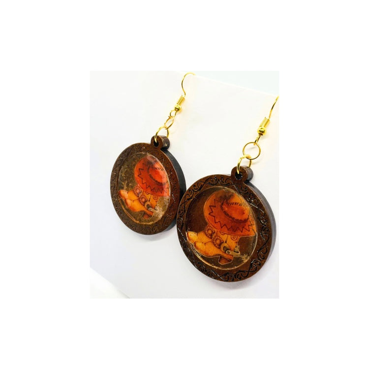 Dark Wood Dangle Earrings with Cowgirl Boot and Hat