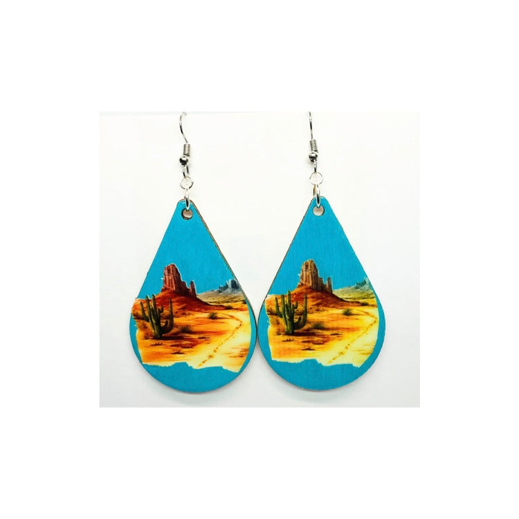 Turquoise Wood Teardrop Desert Scene Earrings