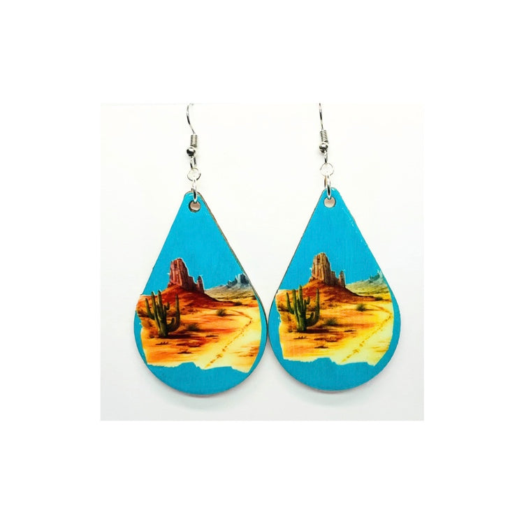 Turquoise Wood Teardrop Desert Scene Earrings