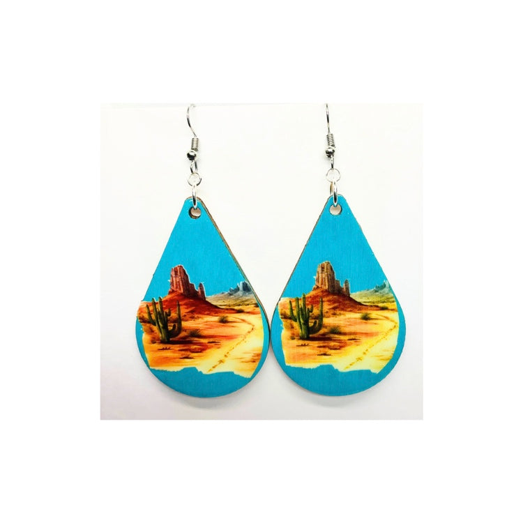 Turquoise Wood Teardrop Desert Scene Earrings