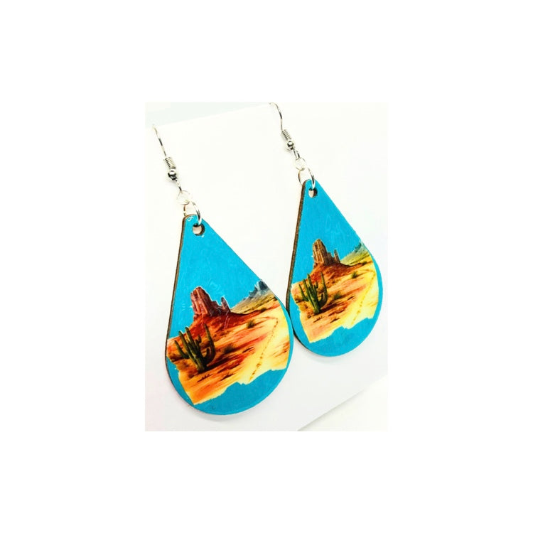 Turquoise Wood Teardrop Desert Scene Earrings