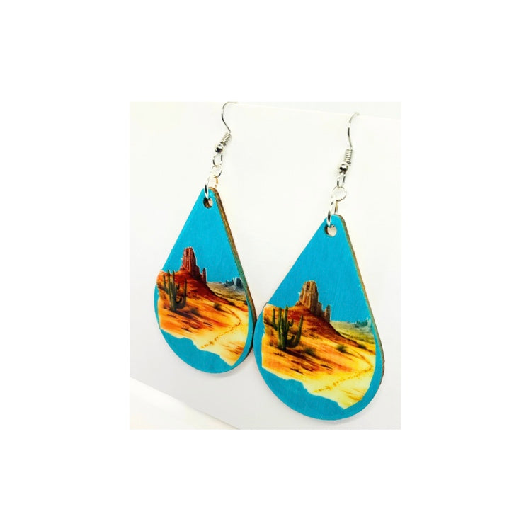 Turquoise Wood Teardrop Desert Scene Earrings