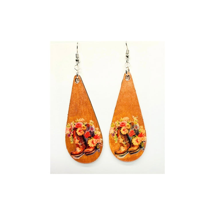 Pink Wood Long Teardrop with Cowgirl Boots and Flowers