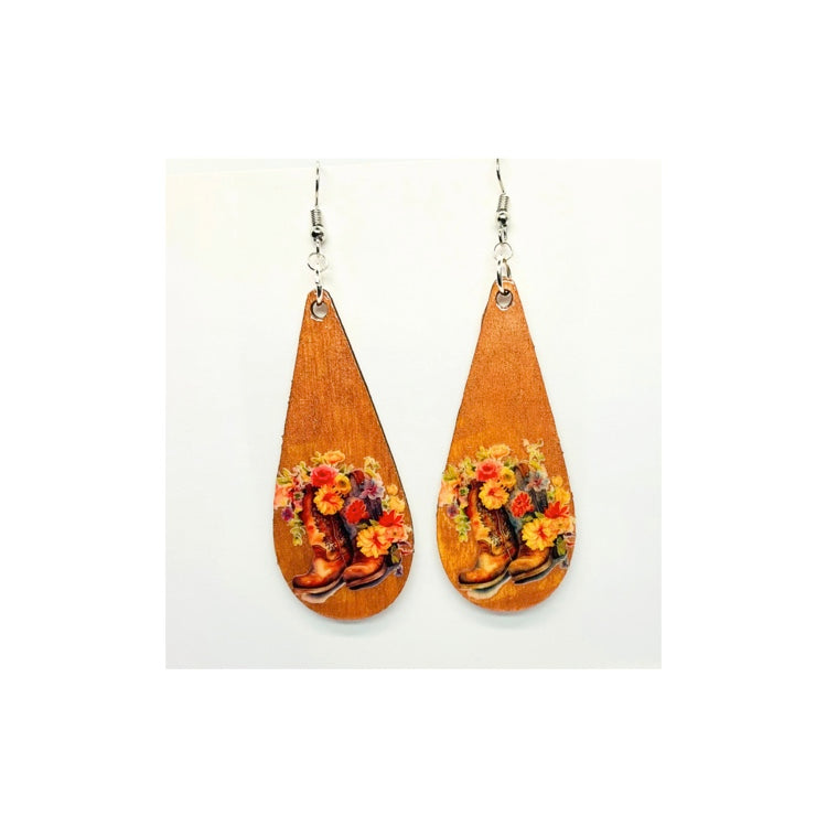 Pink Wood Long Teardrop with Cowgirl Boots and Flowers