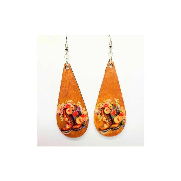 Pink Wood Long Teardrop with Cowgirl Boots and Flowers