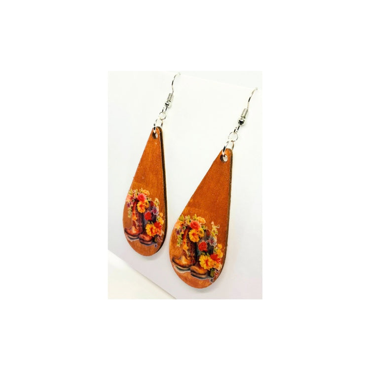 Pink Wood Long Teardrop with Cowgirl Boots and Flowers
