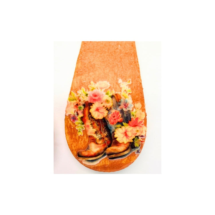Pink Wood Long Teardrop with Cowgirl Boots and Flowers