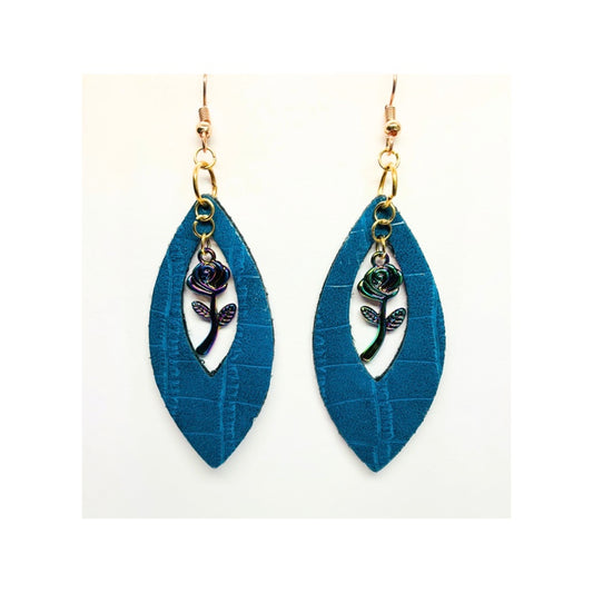 Blue Faux Leather Dangle Leaf Shape with Holographic Flower