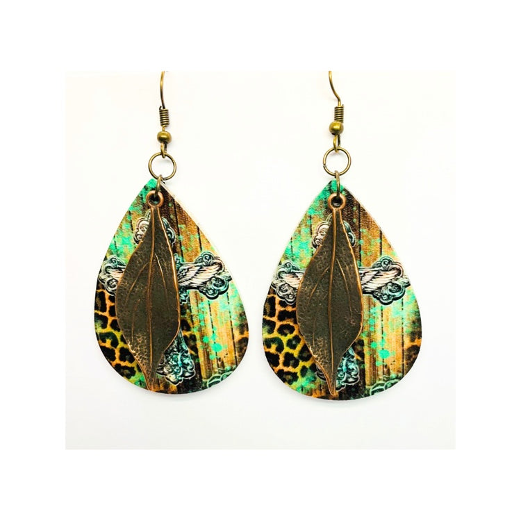 Faux Leather Teardrop Cross Dangle with Copper Leaf Charm