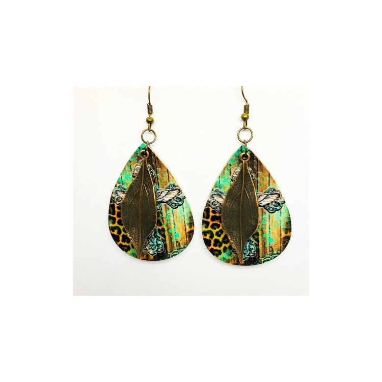 Faux Leather Teardrop Cross Dangle with Copper Leaf Charm