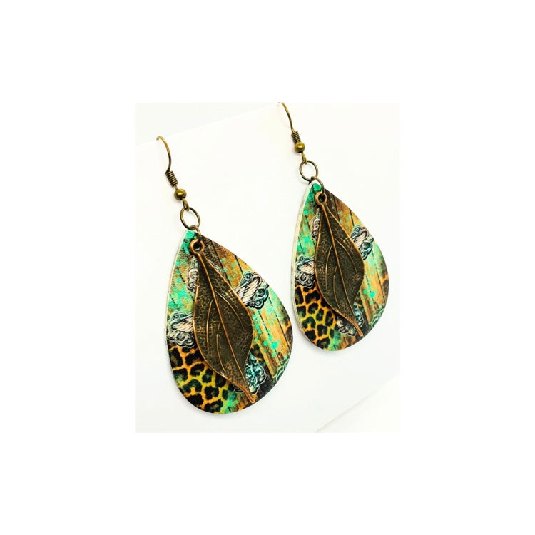 Faux Leather Teardrop Cross Dangle with Copper Leaf Charm