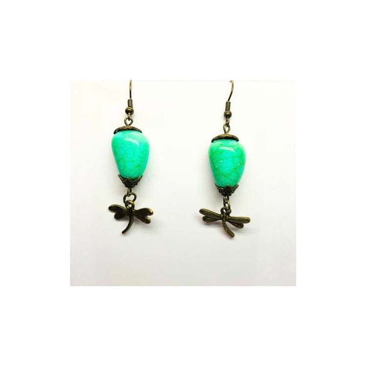 Faux Turquoise Bead Antique Dangle with a Dragonfly Charm