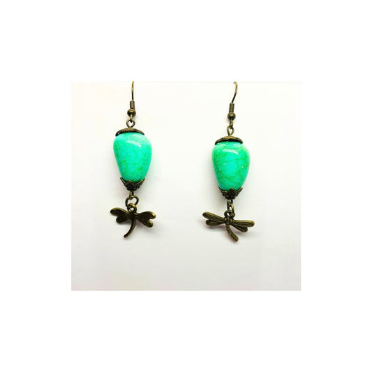Faux Turquoise Bead Antique Dangle with a Dragonfly Charm