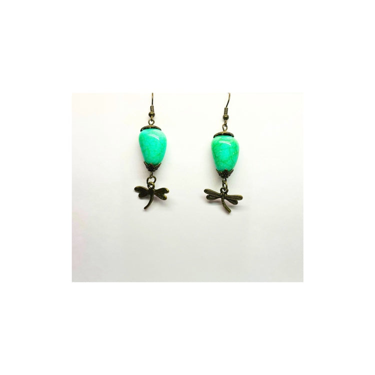 Faux Turquoise Bead Antique Dangle with a Dragonfly Charm