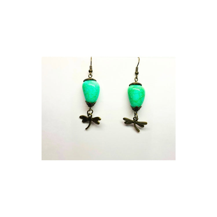 Faux Turquoise Bead Antique Dangle with a Dragonfly Charm