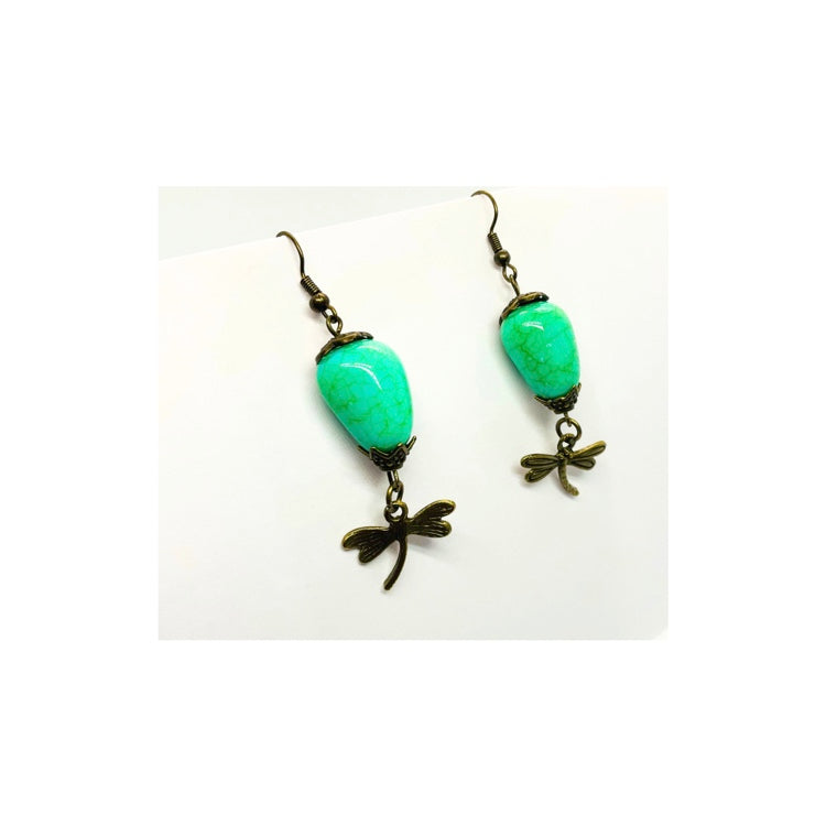 Faux Turquoise Bead Antique Dangle with a Dragonfly Charm