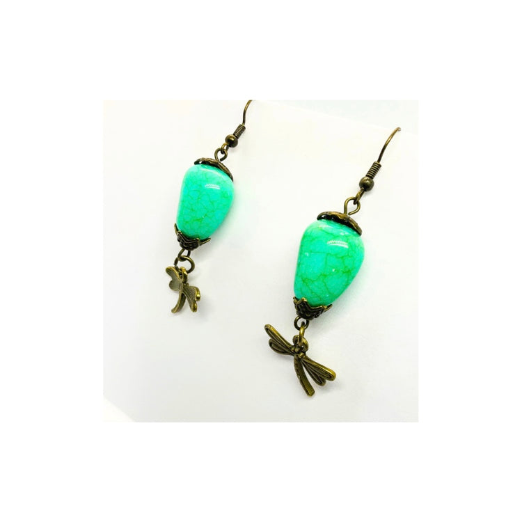 Faux Turquoise Bead Antique Dangle with a Dragonfly Charm