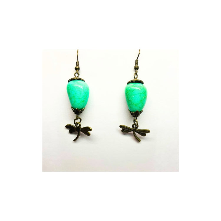Faux Turquoise Bead Antique Dangle with a Dragonfly Charm