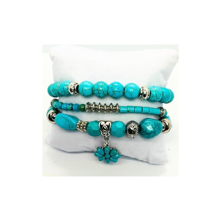 Turquoise and Sliver Set of Stretch Beaded Bracelets