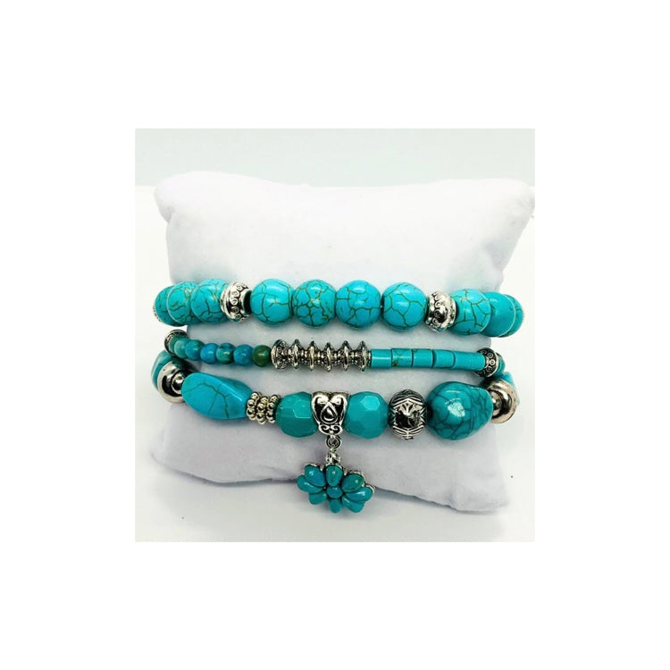 Turquoise and Sliver Set of Stretch Beaded Bracelets