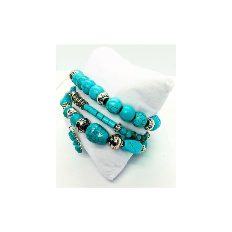 Turquoise and Sliver Set of Stretch Beaded Bracelets