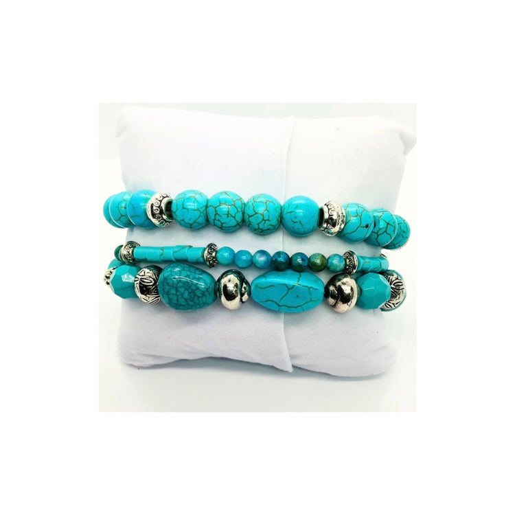 Turquoise and Sliver Set of Stretch Beaded Bracelets