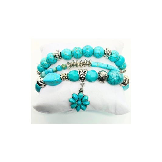 Turquoise and Sliver Set of Stretch Beaded Bracelets