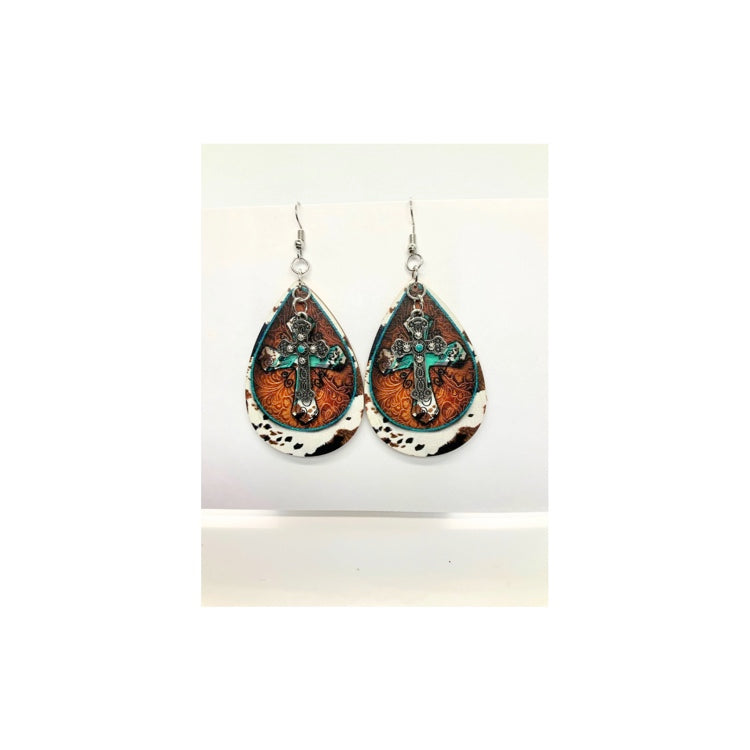Western Wood Teardrop Pre-Painted Cross Dangle with Silver Cross Charm