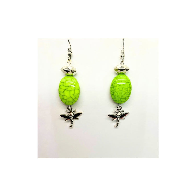 Lime Green Dangle Earrings with Dragonfly Charm