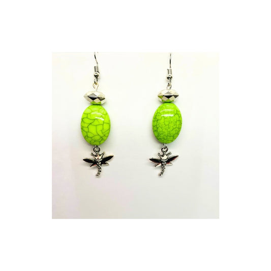 Lime Green Dangle Earrings with Dragonfly Charm